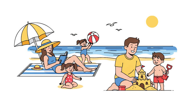 Sunlit Beach Family Fun with Umbrella, Waves, and Seated Guests.