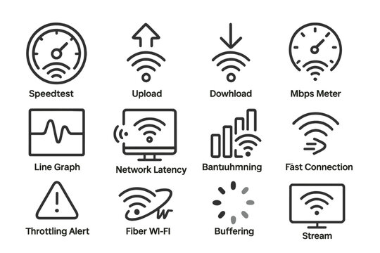 Internet speed and connectivity icons: speedtest, upload, download, network latency