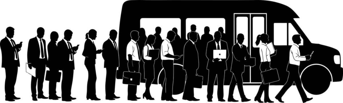 Business People in Suits Queuing for a Minibus queue waiting