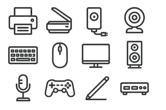 Outline icons of computer accessories on black background