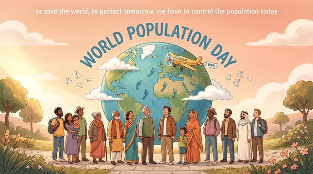World Population Day poster featuring diverse group of citizens standing together in front of earth landscape sunrise