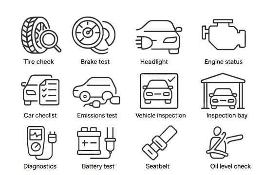 Vehicle maintenance icons: tire, brake, headlight, engine, battery, inspection