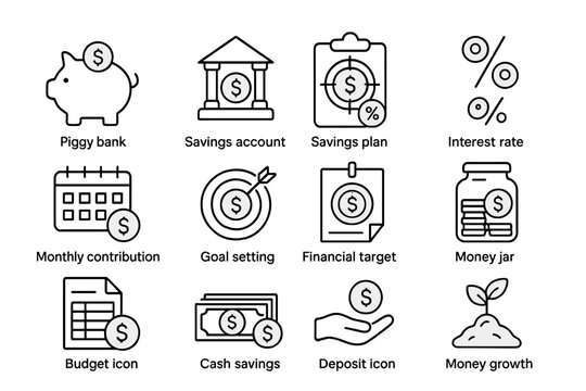 Financial icons collection: savings, budgeting, and investment graphics