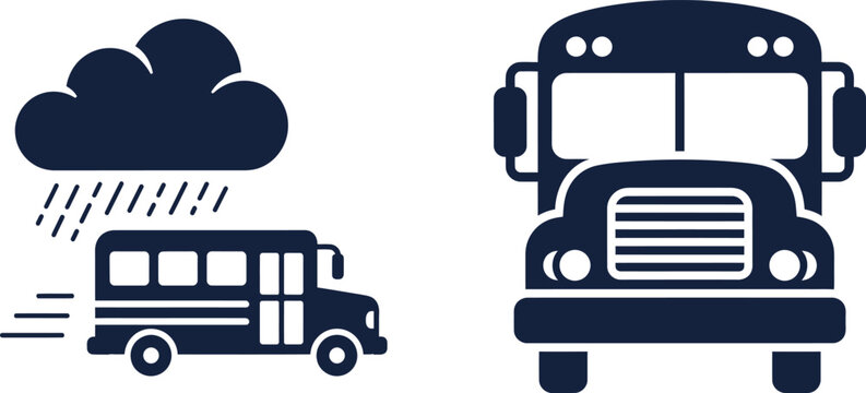 Icons of a school bus in rain and a school bus front view cloud storm