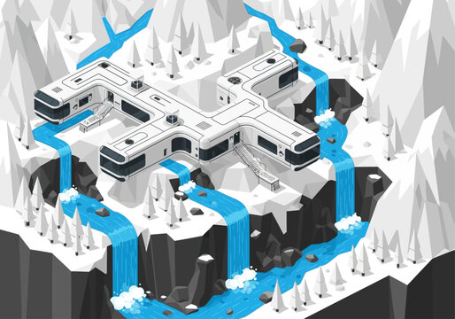 Futuristic research facility built into a snowy mountain landscape with waterfalls.
