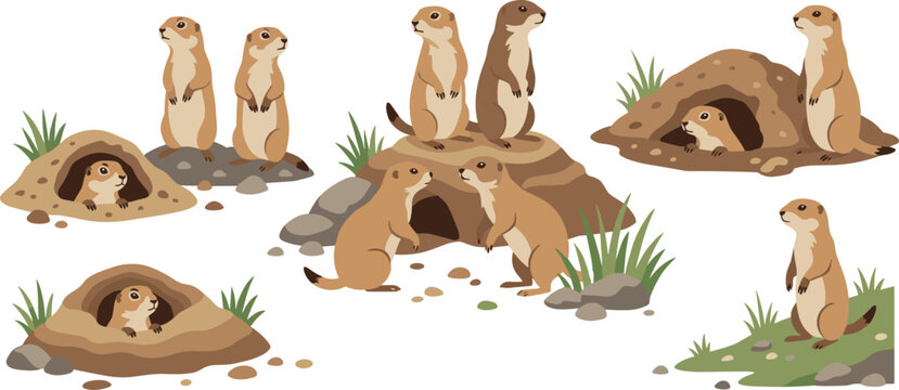 Cute Prairie Dog Character Set Featuring Wild Gophers standing Guard and Peeking out of Underground Mud Burrows for Educational Nature and Wildlife Designs