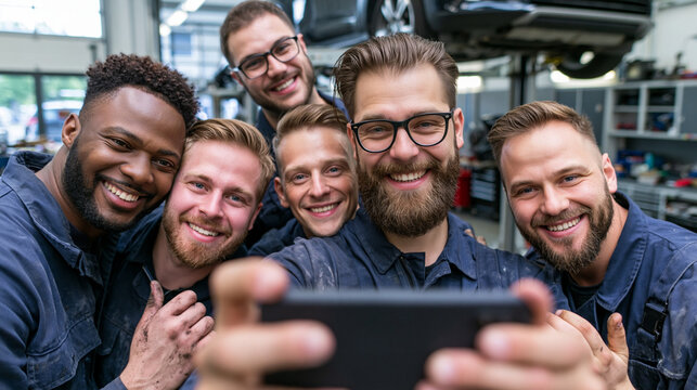 Selfie en primer plano de un equipo diverso y feliz de mec&aacute;nicos de autos en un taller, concepto de teambuilding y recursos humanos, generado por IA