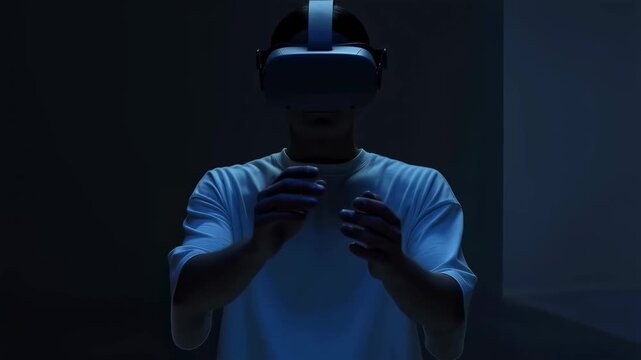 Person wearing virtual reality headset in a dark room, engaging with immersive technology. Represents the future of gaming and digital experiences