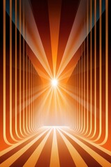 Fototapeta premium Abstract orange light tunnel with radiant sunburst and futuristic geometric corridor