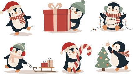 Obraz premium Christmas cartoon penguin collection with gifts, lights, candy cane and tree. Cute festive winter character set illustration