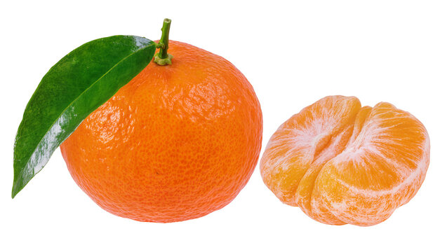 Whole tangerine with green leaf and peeled segments