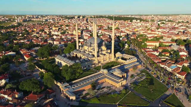 aerial drone panorama of Edirne cityscape at sunset Turkey 
