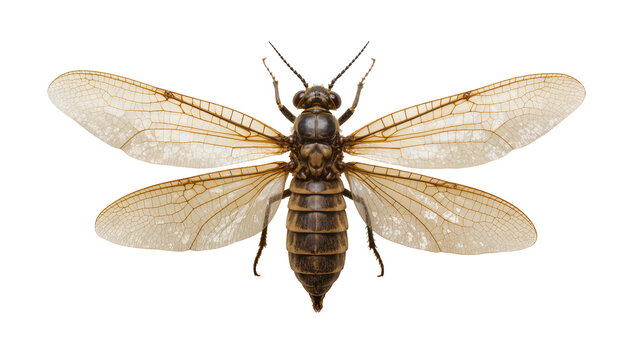Dark brown dobsonfly insect with translucent veined wings spread wide