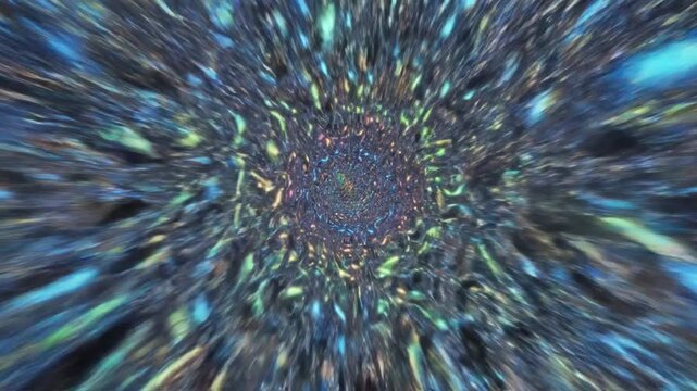 Abstract 3D render of a liquid chrome metallic tunnel with holographic reflections and iridescent colors, featuring a radial motion blur zoom effect in dark silver and purple.