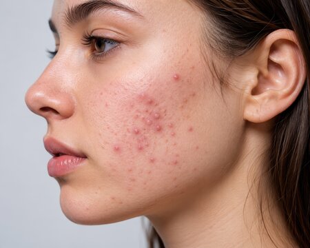 Close up profile of young woman showing skin acne and blemishes for dermatology treatment.