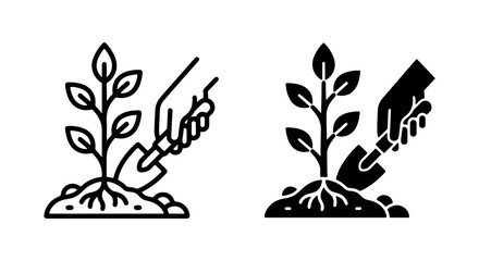 Gardening icons with hand planting a seedling, shovel digging soil, agriculture vector © MdHridoy