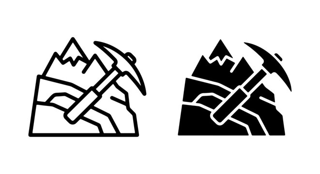 Mining pickaxe and mountain icons, coal mine industry symbols, black vector set