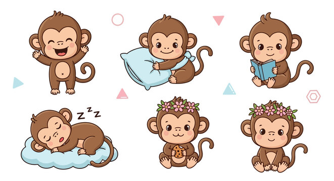 Cute Monkey Character Sticker Set in Various Poses and Activities