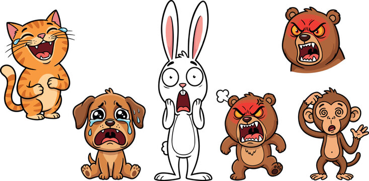 Funny Cartoon Animal Emotion Set with Cat Dog Rabbit Bear and Monkey Showing Various Facial Expressions for Stickers and Comics