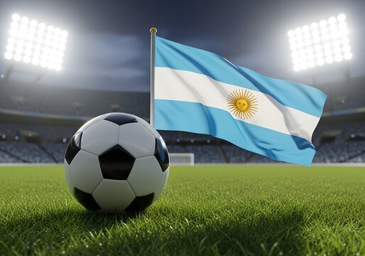 Soccer ball resting on pitch field with argentina flag fluttering in stadium