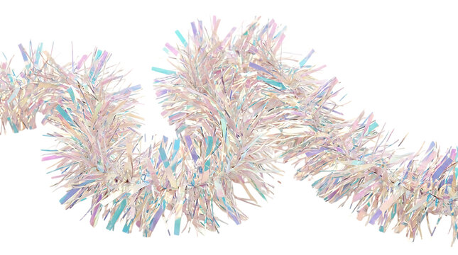 Colorful glitter tinsel strands with reflective sparkles for festive decorations isolated on transparent background