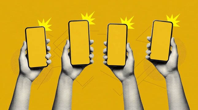 Hands holding smartphones against a bright yellow background