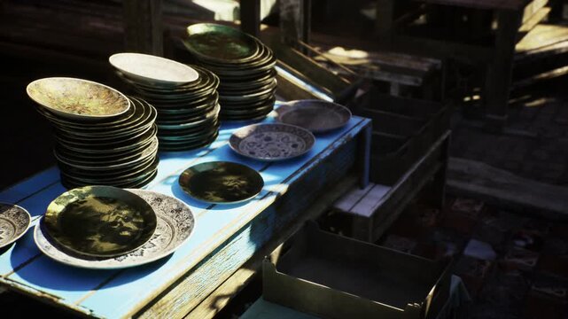 Stacks of dirty plates on blue metal tray in industrial kitchen, sunlight slicing through vents, gritty texture, awaiting commercial washer during late shift,