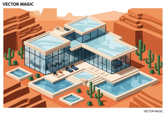 Fototapeta premium Modern luxury villa with swimming pools in a desert landscape with cacti and rock formations.