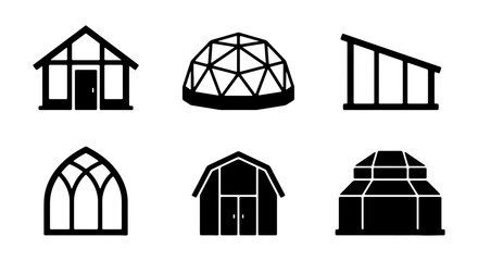Greenhouse Icons, Conservatory Silhouettes, Agricultural Building Vector Set © Tanjina