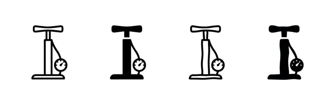 Floor Air Pump with Gauge Icons Set, Bicycle Pump Vector Symbols for Tire Inflation and Maintenance