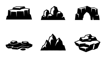 Rock Icons Set, Stone Elements, Mountain Shapes, Geological Forms, Vector Graphics © Tanjina