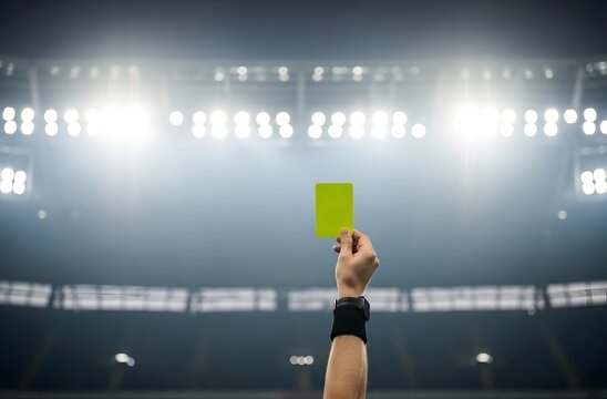 Referee hand holding a yellow card in a bright professional football stadium