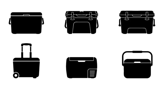 Cooler Icons Set, Portable Ice Chests, Outdoor Gear Collection, Vector Graphics