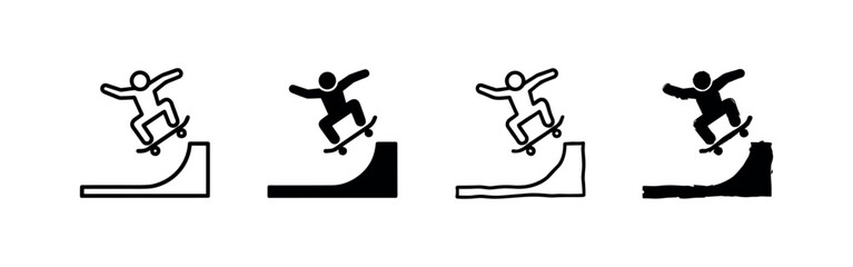 Skateboarder performing a trick on a ramp icon set, illustrating extreme sports and an active lifestyle. © liubomir118809