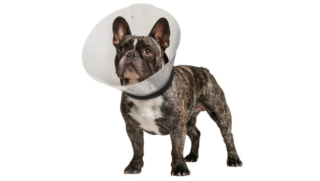 Brindle French Bulldog wearing a clear Elizabethan collar