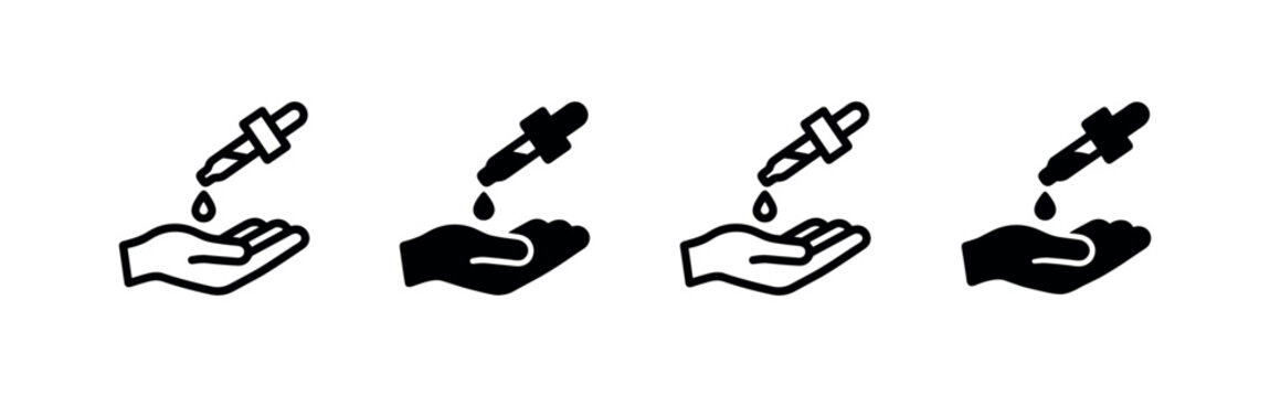 Dropper dispensing liquid into a hand icon set, showing medical or cosmetic application in various styles.