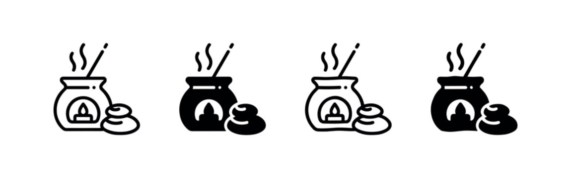 Aroma diffuser and essential oil candle icon set. Home fragrance and relaxation symbols in various styles.