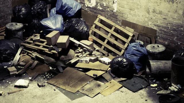 In a dimly lit alleyway, scattered garbage bags and broken pallets tell a story of neglect. Bits of cardboard and debris lie strewn across the ground, hinting at past activity in this urban space.