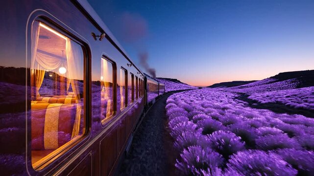 Luxury vintage steam train with illuminated interior traveling through a purple lavender field at twilight under a starry sky with a view of the landscape and rolling hills.