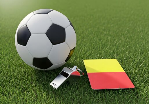 Professional football soccer ball with a referee whistle and penalty cards