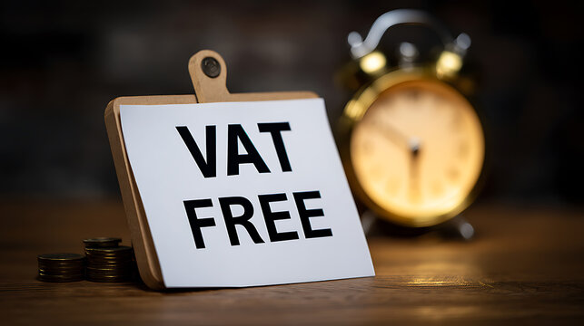 VAT Free Concept with Time and Money: A Visual Representation of Tax Exemption, Savings, and Financial Opportunity on a Dark Background
