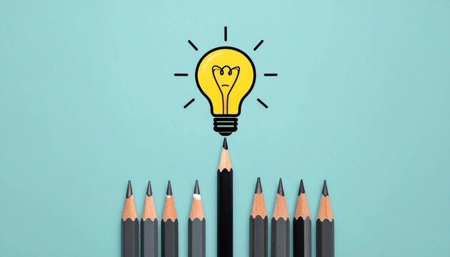 Creative concept of standout pencil with glowing light bulb symbolizing innovation
