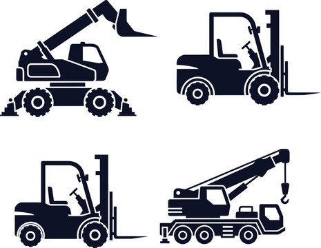 Assortment of Silhouetted Forklifts and Cranes on White Background Keywords: forklift, telehandler, telescopic handler, rough