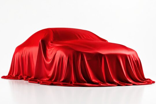 Red silk cloth covering new car silhouette signifies luxury vehicle launch and unmasking.