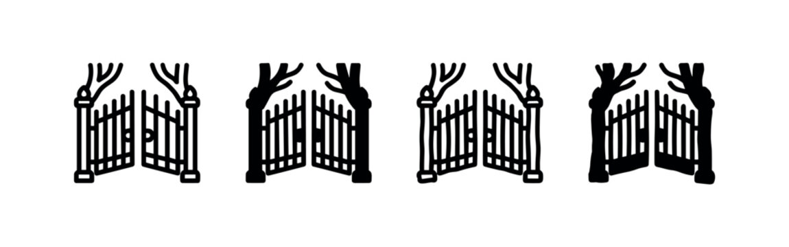 Open garden gate icon set. Entrance to a garden, park or private property.