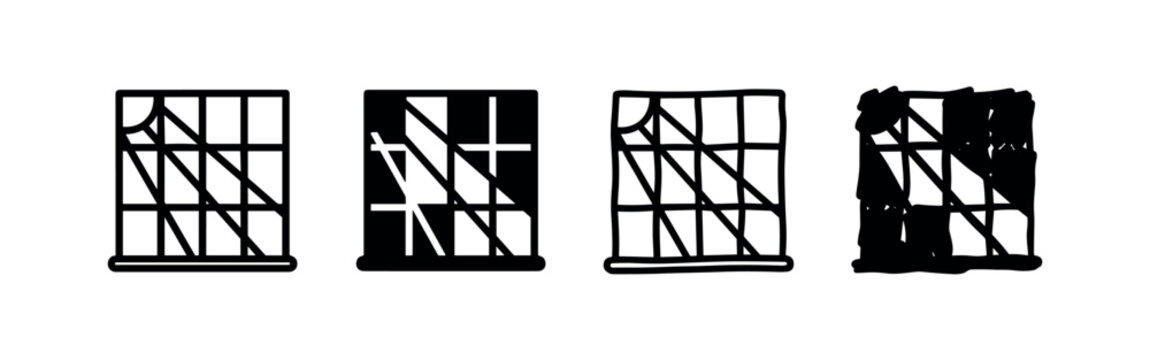 Window with criss-cross bars icon set. Architectural element for jail, prison or old building.