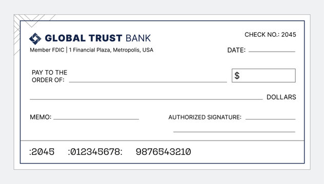 Bank check. Blank bank cheque. Personal desk check template. Chequebook template bank.