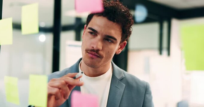 Businessman, thinking or schedule planning with sticky note in office for project tasks or agenda. Thoughtful, man or employee brainstorming with glass board for ideas, business strategy or reminder