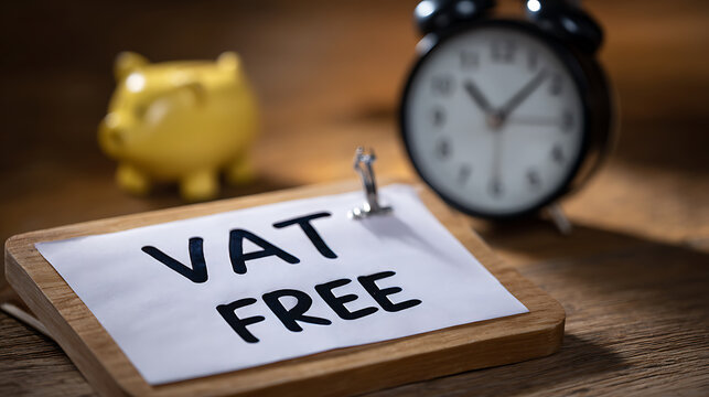 VAT Free Message on Clipboard with Piggy Bank and Alarm Clock, Illustrating Financial Savings, Time Management, and Economic Benefits