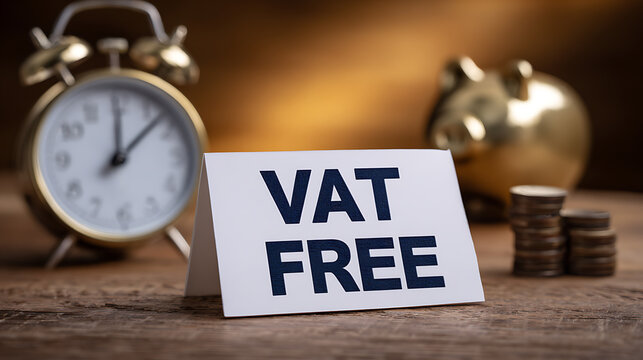 Clear white sign with "VAT FREE" text, set on a wooden surface, with a vintage alarm clock, piggy bank, and coins in background, representing tax savings
